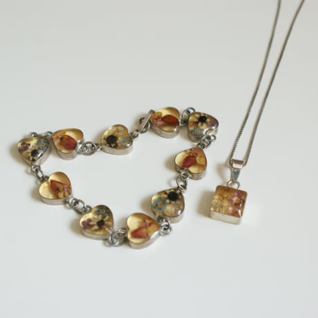 Silver925 メキシカンジュエリー 押し花 ハート ブレスレット/ ヴィンテージジュエリー・アクセサリー