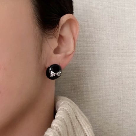 【フランス買付】ブラック エナメル リボンラインストーン ピアス/ ヴィンテージ・コスチュームジュエリー