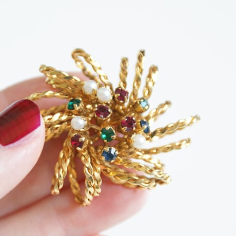AUSTRIAオーストリア 製  マルチカラー パール フラワーチェーン ブローチ / ヴィンテージ・アンティークジュエリー