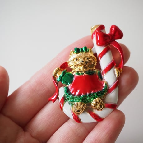 AJC 猫 キャット クリスマス キャンディ ブランコ ブローチ  / ヴィンテージジュエリー