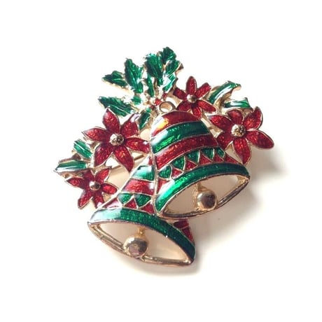 Christmas Special price【スペシャルプライス】ベル＆ポインセチア エナメル グリーン×レッド クリスマスブローチ / ヴィンテージアクセサリー