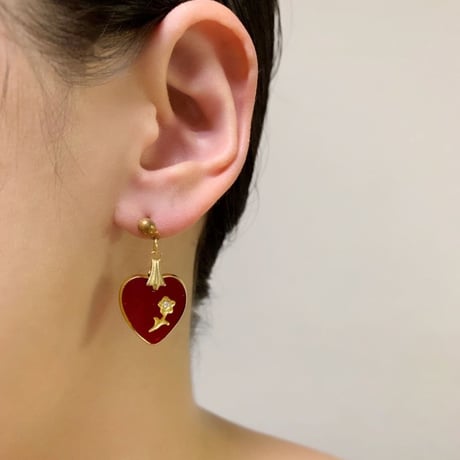 Special price【スペシャル プライス】ハート ガラス インタリオ フラワー ラインストーン ピアス/ ヴィンテージジュエリー・アクセサリー