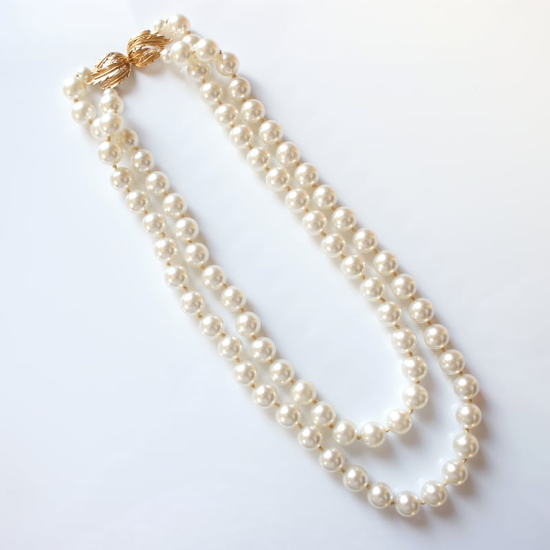 ビックパール2連ネックレス ゴールド リーフ クラスプ / ヴィンテージ