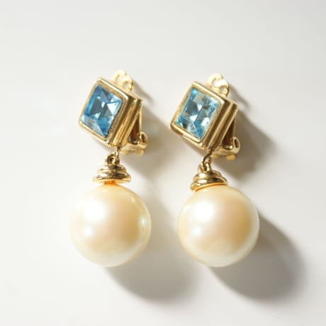 GIVENCHYジバンシィ アクアブルーラインストーン パール イヤリング / ヴィンテージ・コスチュームジュエリー
