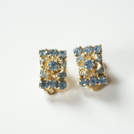 アクアブルー ラインストーン フラワー イヤリング/ ヴィンテージジュエリー・アクセサリー