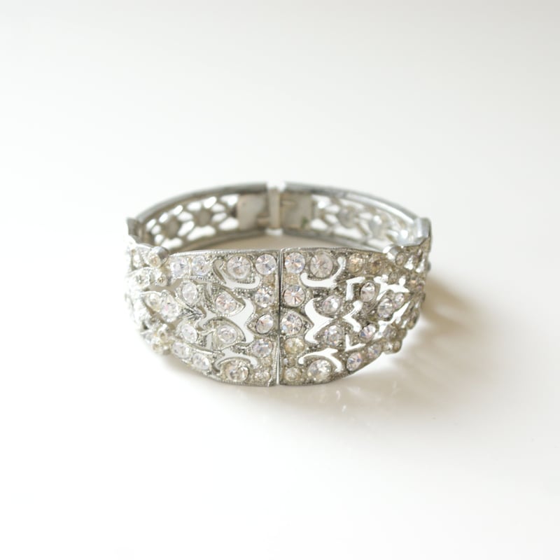 貴重 セルロイド バングル ブレスレット アンティーク フラワー 幅広タイプ 透かし ラインストーン エドワーディアン アール・デコ バングル