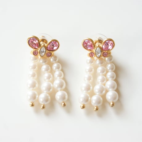 NAPIERネイピア 蝶 バタフライ ピンク ラインストーン パール ピアス / ヴィンテージアクセサリー