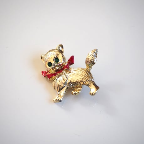 GERRY'Sゲーリーズ クリスマスキャット 猫 レッド エナメル リボン ブローチ  / ヴィンテージ・コスチュームジュエリー