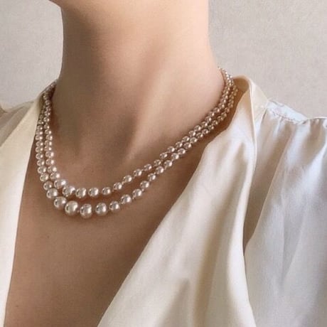 LADY ELLENスターリングシルバー クラスプ グラデーション ガラスパール 2連ネックレス / アンティーク・コスチュームジュエリー
