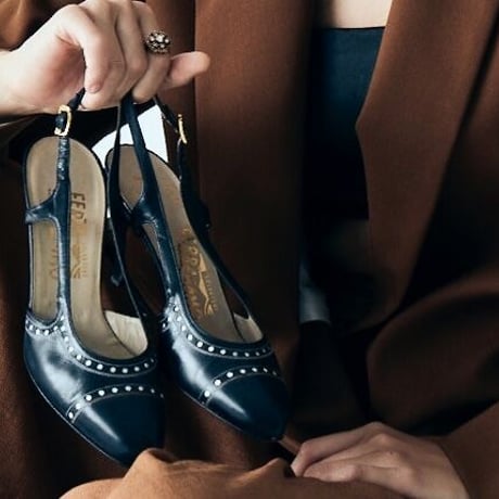 Salvatore Ferragamoサルヴァトーレ・フェラガモ /ネイビー レザー スリングバック パンプス ジューズ / ヴィンテージ レデイース ファッション