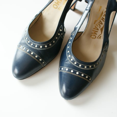 Salvatore Ferragamoサルヴァトーレ・フェラガモ /ネイビー レザー スリングバック パンプス ジューズ / ヴィンテージ レデイース ファッション