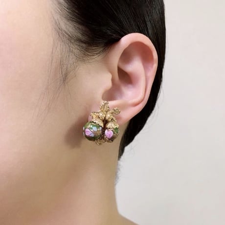Special price【スペシャル プライス】ローズ薔薇 グリーン ガラス イヤリング/ ヴィンテージジュエリー・アクセサリー