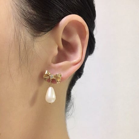 Special price【スペシャル プライス】AVONエイボン 2WAYドロップパール リボンピアス  箱BOX付き/ ヴィンテージジュエリー・アクセサリー