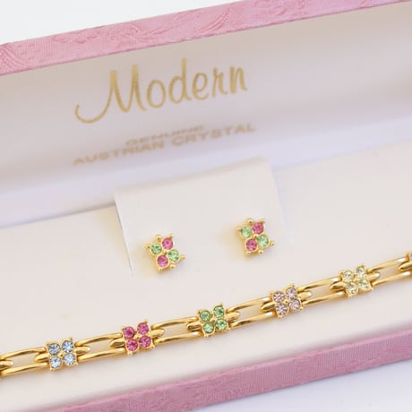 アメリカ買付 MODERN オーストリアクリスタル パステルカラー ブレスレット ピアス セット/ ヴィンテージジュエリー・アクセサリー