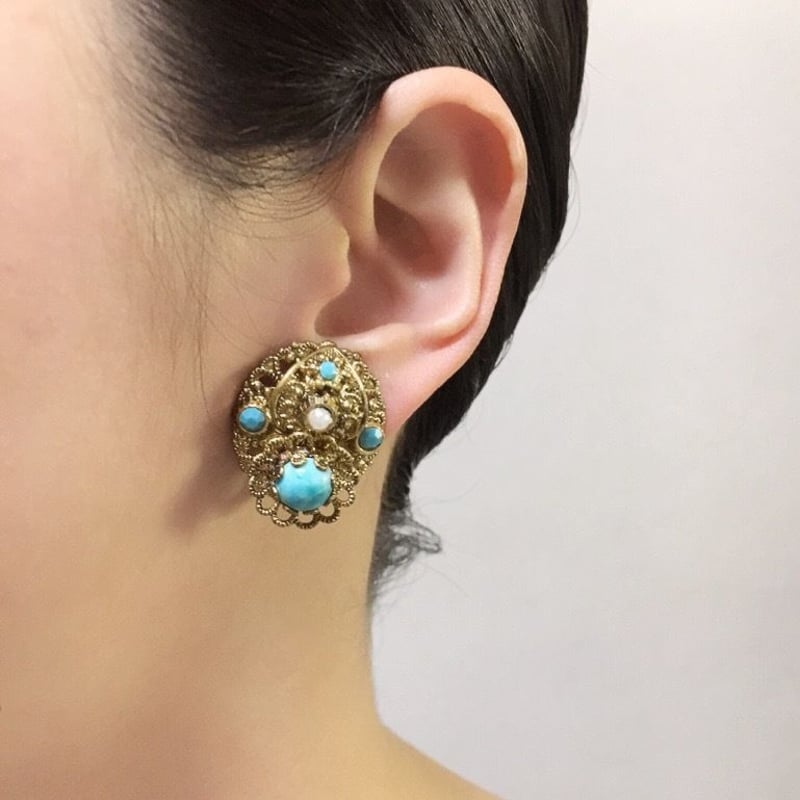 W.GERMANY西ドイツ ターコイズ ガラス ビーズ パール イヤリング