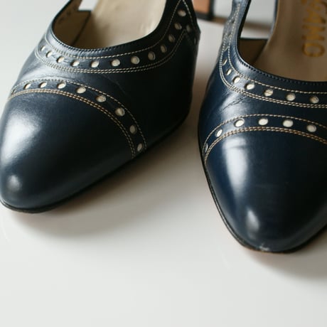 Salvatore Ferragamoサルヴァトーレ・フェラガモ /ネイビー レザー スリングバック パンプス ジューズ / ヴィンテージ レデイース ファッション