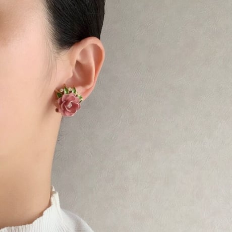 TRIFARIトリファリ ピンク  エナメル ローズ ラインストーン イヤリング/ ヴィンテージアクセサリー・コスチュームジュエリー