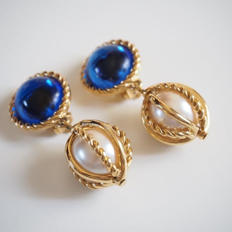 【アメリカ買付】GIVENCHYジバンシィ ブルーガラス パール イヤリング / ヴィンテージ・コスチュームジュエリー