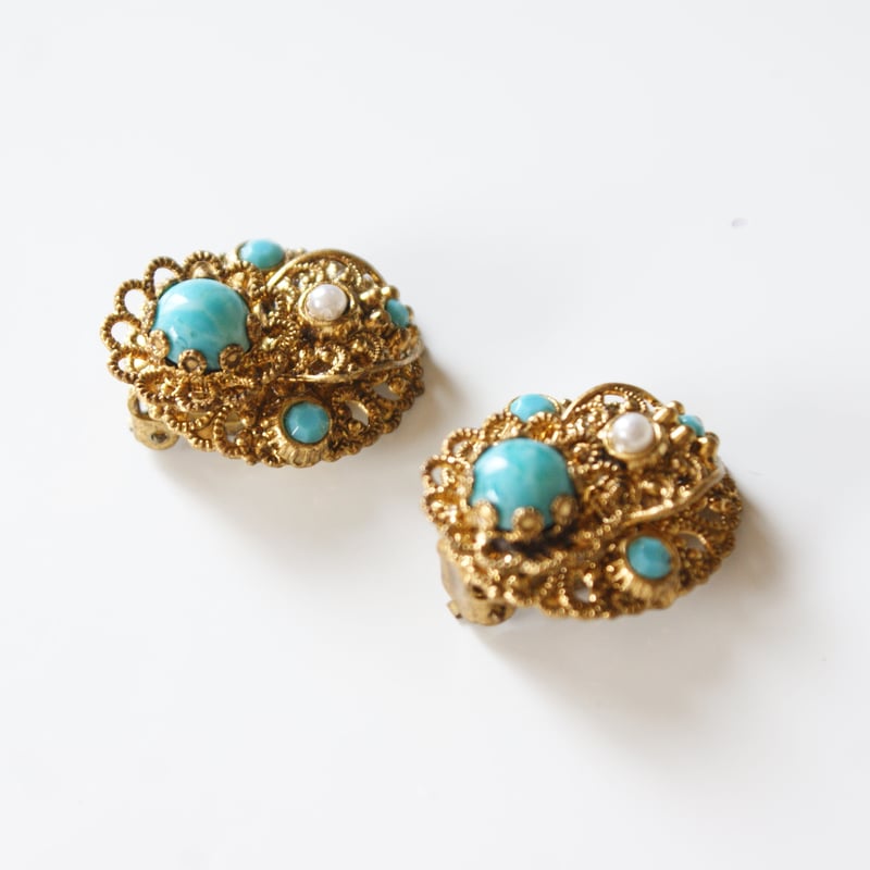 W.GERMANY西ドイツ ターコイズ ガラス ビーズ パール イヤリング