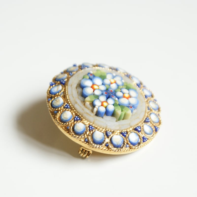 イタリア製 勿忘草 ブルーフラワー モザイクガラス ブローチ