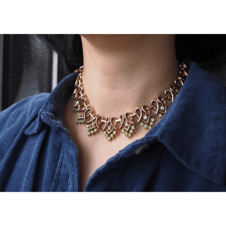 TRIFARIトリファリ /アルフレッド・フィリップ/ライムグリーン ラインストーン  ネックレス＆イヤリングセット/ ヴィンテージ・コスチュームジュエリー