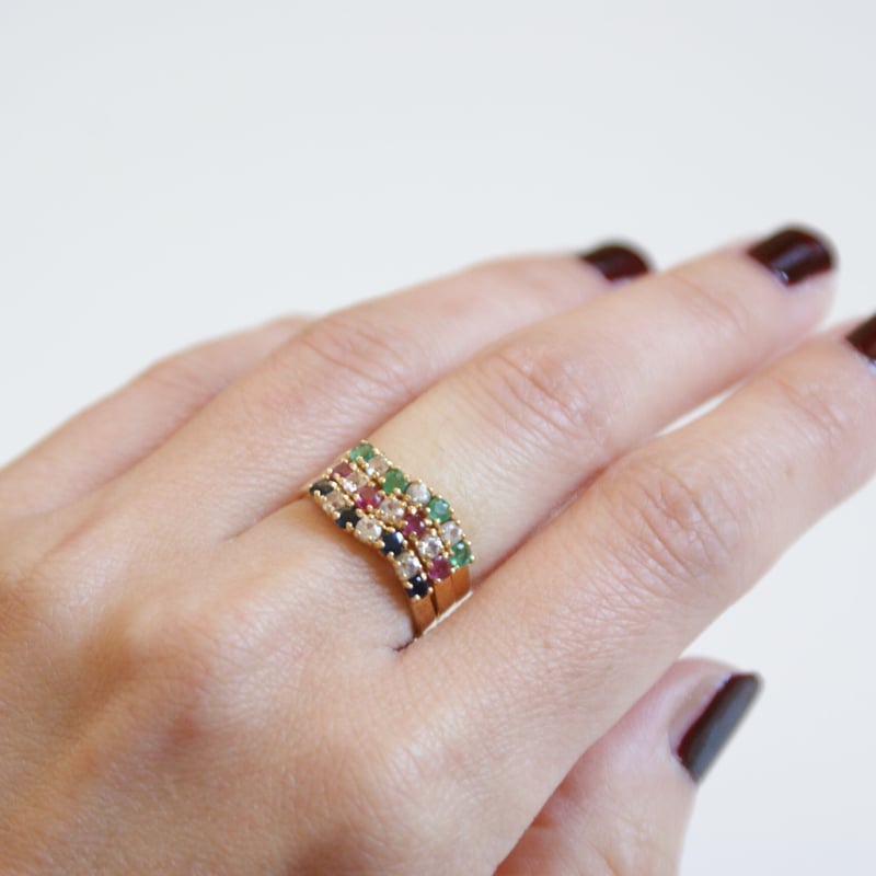 K18YG エメラルド ダイヤモンド ウェーブ リング指輪 / ヴィンテージ