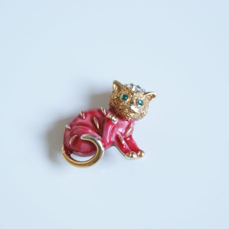 TRIFARIトリファリ サーモンピンク エナメル 猫 キャット ミニブローチ / ヴィンテージ・コスチュームジュエリー