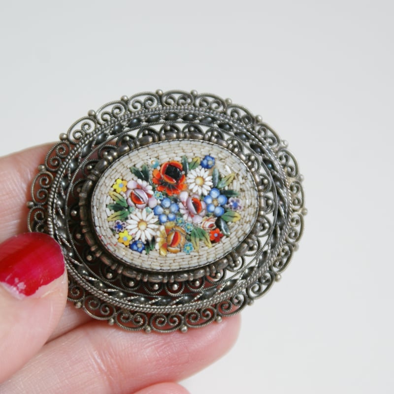 イタリア製 シルバー800 マイクロモザイク ブローチ