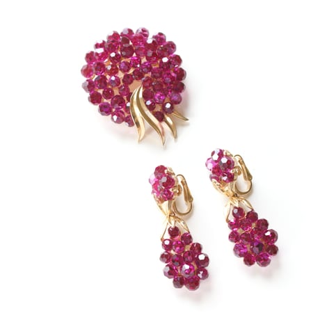 TRIFARIクラウントリファリ フューシャピンク ラインストーン ブローチ＆イヤリング セット / ヴィンテージアクセサリー・コスチュームジュエリー