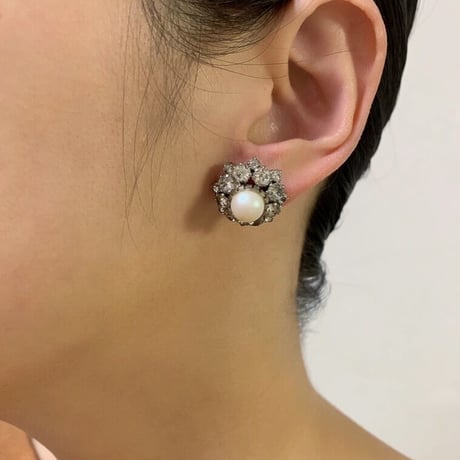 フラワー ラインストーン パール ピアス/ ヴィンテージジュエリー・アクセサリー