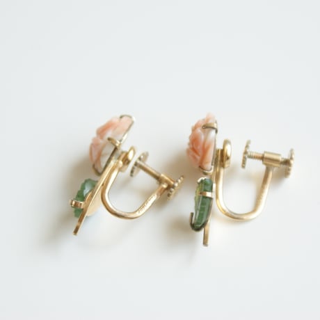 KREMENTZクレメンツ ピンク珊瑚ローズ ジェイドリーフ イヤリング/ ヴィンテージジュエリー ・アクセサリー