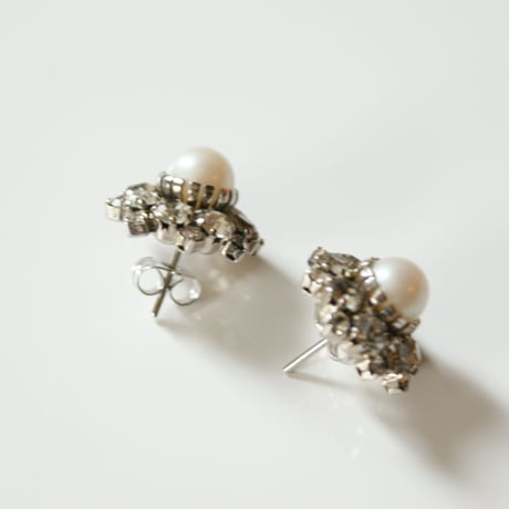 フラワー ラインストーン パール ピアス/ ヴィンテージジュエリー・アクセサリー