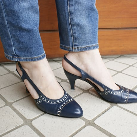 Salvatore Ferragamoサルヴァトーレ・フェラガモ /ネイビー レザー スリングバック パンプス ジューズ / ヴィンテージ レデイース ファッション