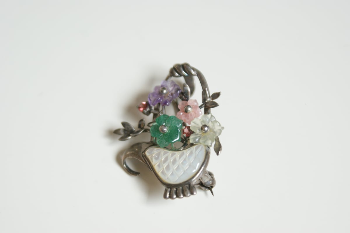♦西洋アンティーク シルバー925 琥珀付き花形ブローチ 宝飾品 ジュエリー アメリカ買付】シルバー925 フラワー バスケット ペンダントブローチ