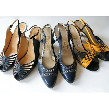 Salvatore Ferragamoサルヴァトーレ・フェラガモ /ネイビー レザー スリングバック パンプス ジューズ / ヴィンテージ レデイース ファッション