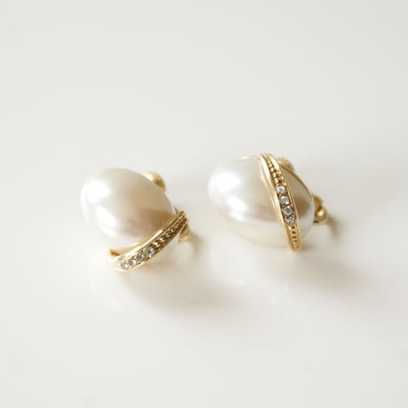 オーバル パール ラインストーン イヤリング / ヴィンテージアクセサリー