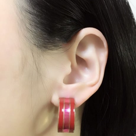 レッド ピンク エナメル ストライプライン フープイヤリング / ヴィンテージアクセサリー