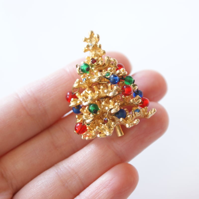 3Dクリスマスツリー ガラス ビーズ ブローチ/ ヴィンテージ