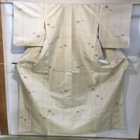 単衣 クリーム色に黄緑・赤の格子と小柄 z247