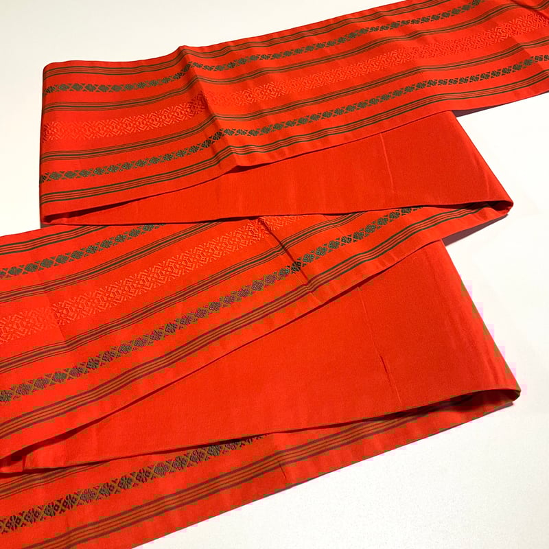 半幅帯 博多 オレンジ 緑の独孤柄 ob308 | リサイクルとオリジナル着物