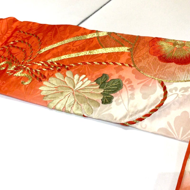 名古屋帯 アンティーク 紅白 花刺繍 ob402 | リサイクルと 名古屋帯 アンティーク 紅白 花刺繍 ob402 | リサイクルと