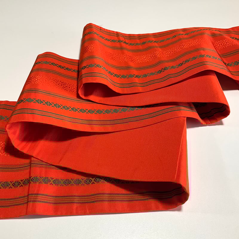 半幅帯 博多 オレンジ 緑の独孤柄 ob308 | リサイクルとオリジナル着物