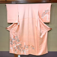 付け下げ　ピンク地　絞り 赤茶×青×緑の葉　z312