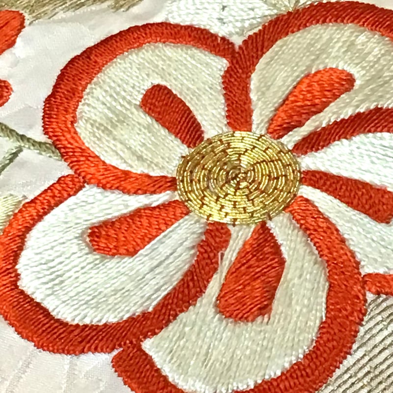名古屋帯 アンティーク 紅白 花刺繍 ob402 | リサイクルとオリジナル  