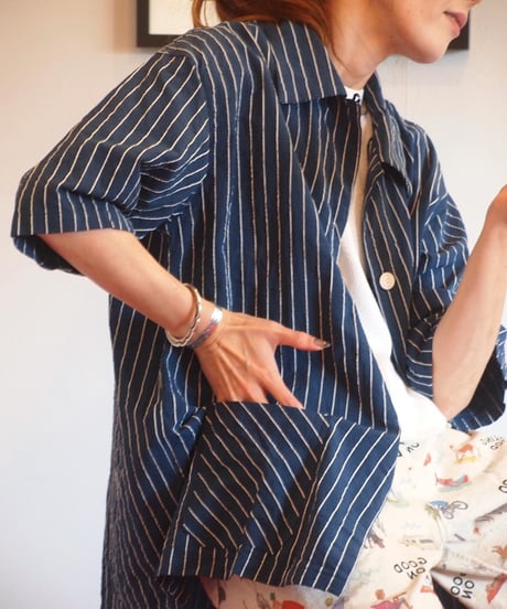 "MODEM DESIGN" Short Sleeve Stripe Shirts