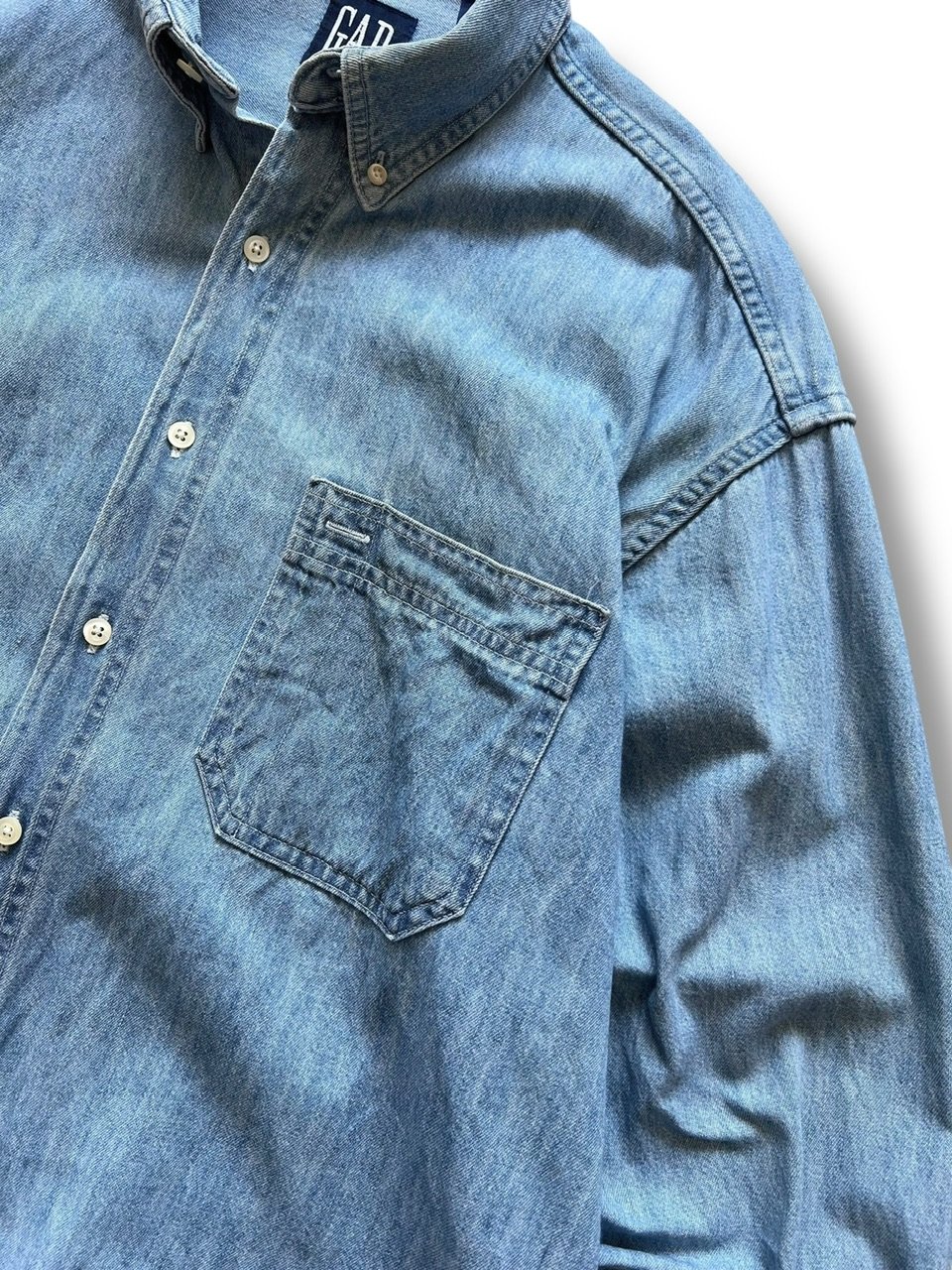 美品 45R 藍カディシャツデニムGジャンボレロ 2 藍 90's GAP / Pocketed Denim Shirt / Indigo L / Us