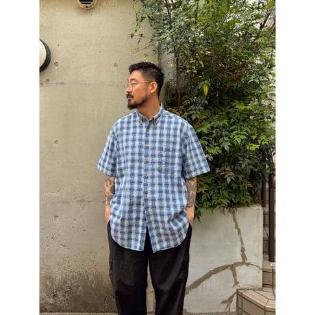 Made in USA / 80's L.L.Bean / Plaid Seersucker Shirt / XL / Used