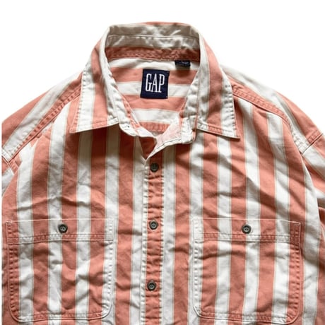 90s GAP / Striped Work Shirt / Coral L / Used