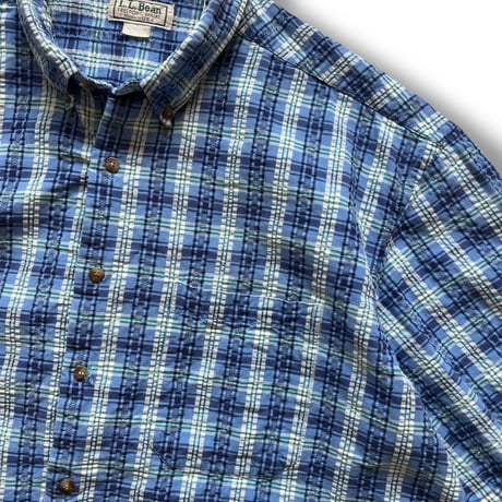 Made in USA / 80's L.L.Bean / Plaid Seersucker Shirt / XL / Used