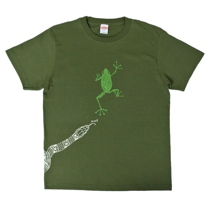 危機回避！蛇から逃げた蛙Tシャツ グリーン メンズ | ユキヨシ衣料